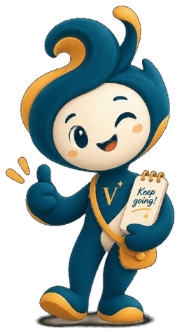 Vop com o polegar para cima, segurando um bloco de notas com "Keep going!", incentivando