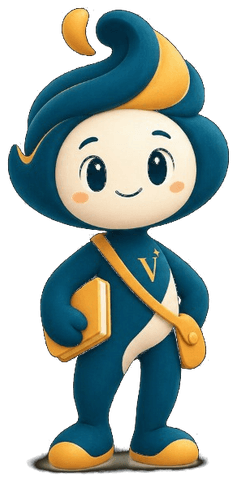 Vop, o mascote do Vopplen, sorrindo calmamente com um livro embaixo do braço